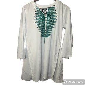 Alamwar Walk the Earth Women’s Tunic Embroidered Leaf Split Sides White Green S